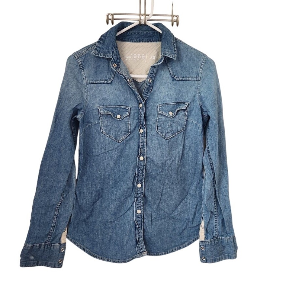 Gap 1969 Women's Western Denim Snap Front Shirt Medium Wash Blue XS Slim Fit 230